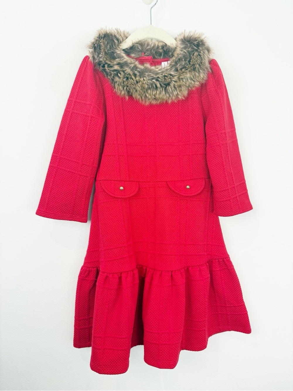 Janie And Jack Faux Fur Red Jacquard Long Sleeve Dress Holiday Size 8 Girls